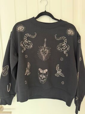 All Saints Black Crewneck Sweater with Metallic Embroidered Motifs